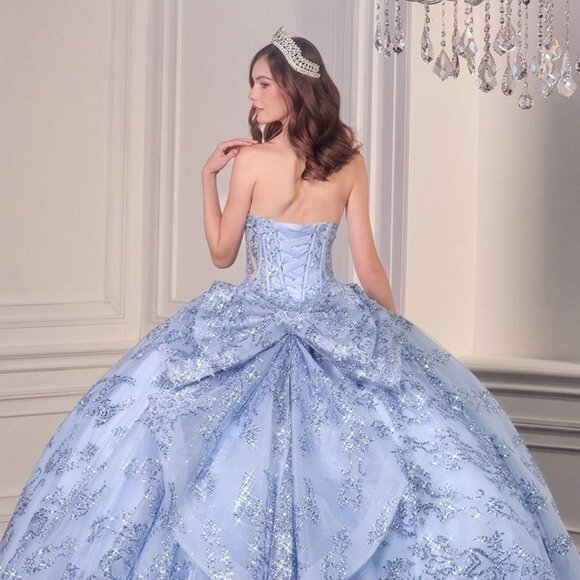 New Blue Strapless Layered Quinceanera Tulle Gown w/ Sequins Embroidery CD 15732 - Picture 10 of 11